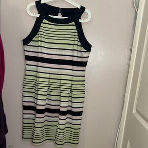 Enfocus Studio Striped Halter Midi Dress in Light Green, Black and Cream